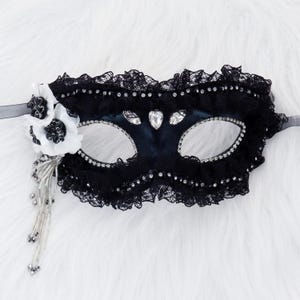 Black Masquerade Mask: Tassel Flower Venetian Mask with Ribbons