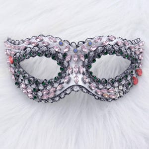 Silver Full Rhinestone Masquerade Mask: Venetian Mardi Gras Mask with Pink & Red diamond