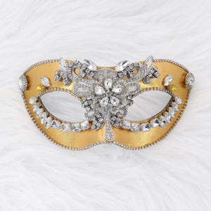 Gold Masquerade Mask: White Diamond Venetian Mask with Ribbons
