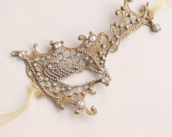 Gold Masquerade Half Mask with Rhinestone • Venetian Mask • Vintage Style • Suitable for Party • MM139