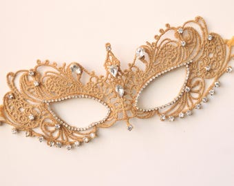 Gold Lace Masquerade Mask with Rhinestone • Venetian Mask • Vintage Style • Suitable for Party • MM174