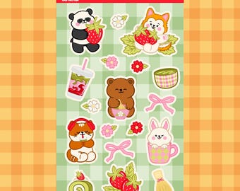 Strawberry Matcha Pals Sticker Sheet | Matte Vinyl Kawaii Stickers