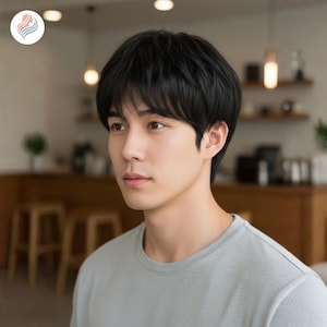 May include: A person with short, black hair and a gray crew neck shirt. The person is looking towards the left side of the frame. The background is blurred, with a logo in the upper left corner.