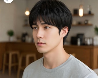 Men’s Short Black Wig with Bangs – Korean Style Micro-Parted Natural Look Heat Resistant Synthetic Wig