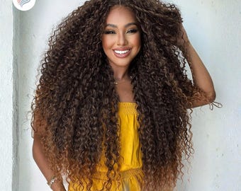 New Curly Brown/Auburn Tipped Heat Resistant Wig Auburn Lace Front Wig | WigIsFashion main image 2