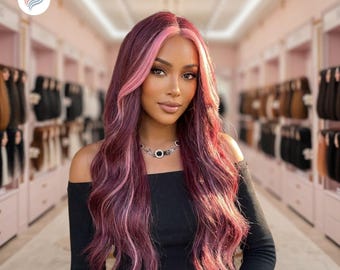 34 Inch Hot Pink Body Wave Wig: Dark Red Highlights, Heat-Resistant Synthetic