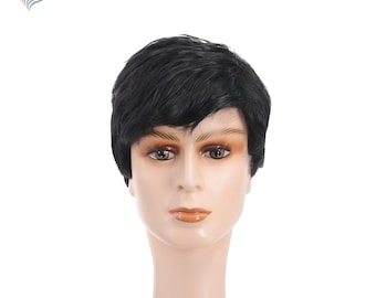 Men’s Natural Black Short Straight Synthetic Wig | Heat-Resistant Fluffy Daily Hairpiece for Realistic Everyday or Party Look