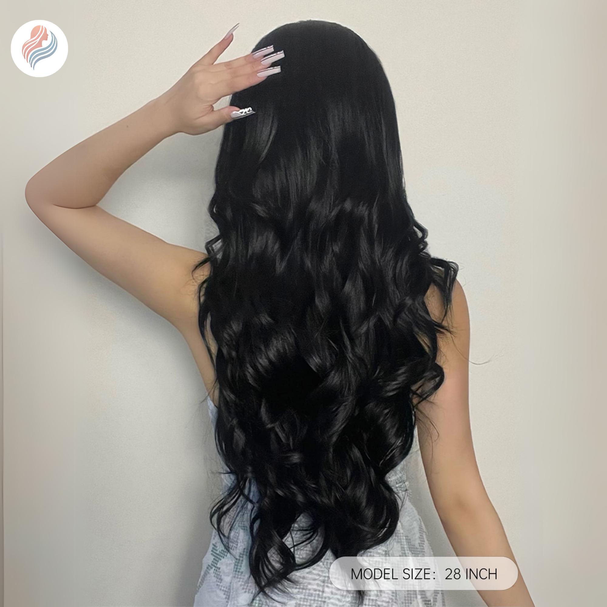 This here is an black 28\'\' body wave 28 Inch Black Body Wave Wig: Heat-resistant Synthetic Hair  main image 4