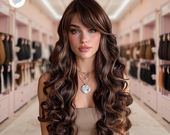 Puede incluir: Una larga peluca castaña ondulada con mechas rubias y flequillo lateral. La peluca presenta una línea de cabello de aspecto natural y está peinada con rizos voluminosos. La persona lleva un top color beige y un collar con colgante plateado.