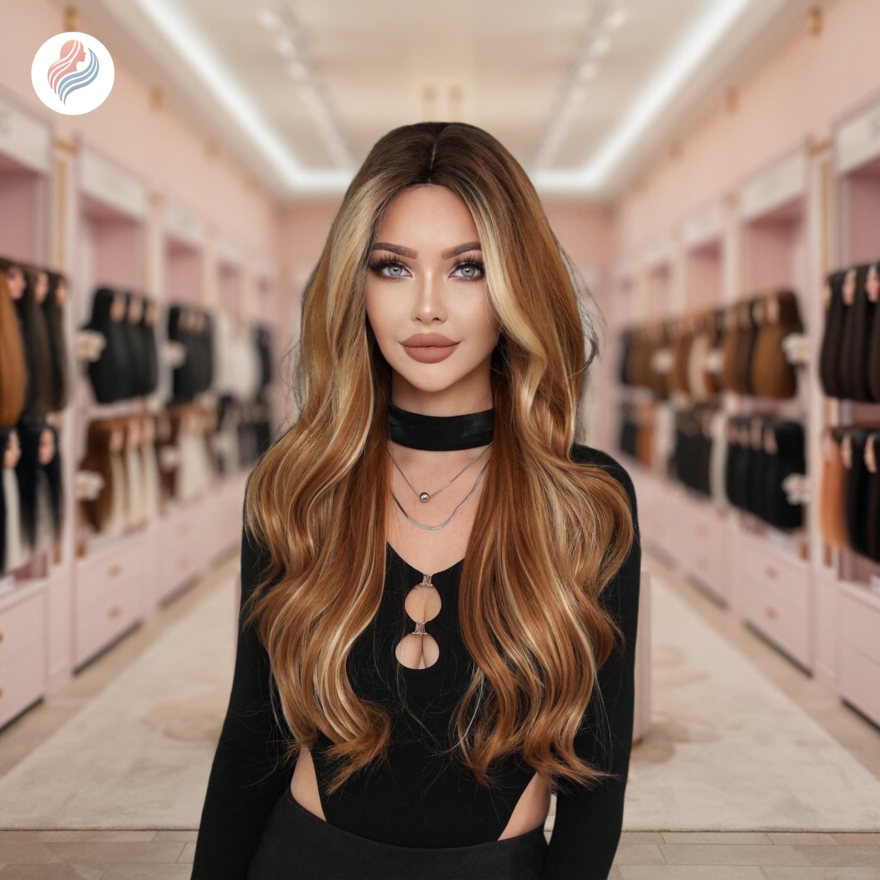 Long Wavy Brown Wig: Blonde Highlights, Heat-resistant 