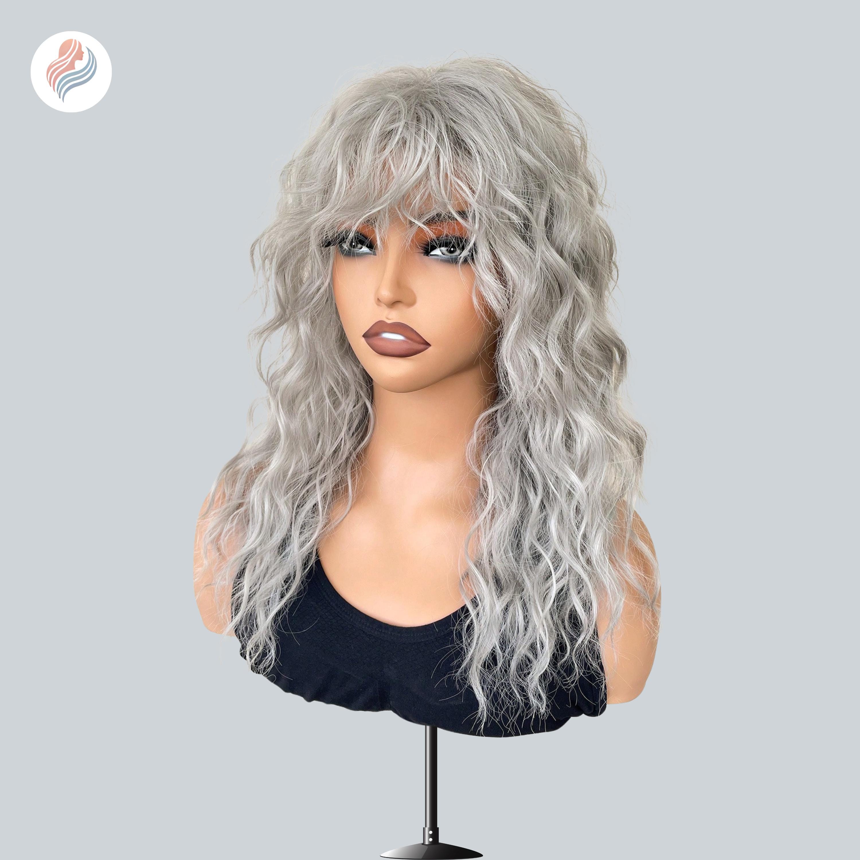 High Quality  GREY long CURLY Wig w/ bangs Gray Curly Wig With Bangs: Medium-length Heat-resistant  main image 3