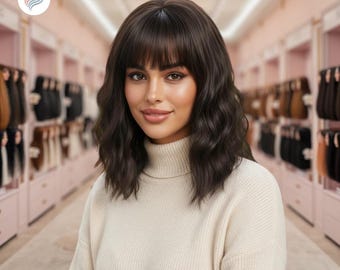 May include: A woman with a dark brown wig with a fringe and wavy layers, wearing a cream-coloured turtleneck sweater. The background shows a hair salon with various hair extensions on display.