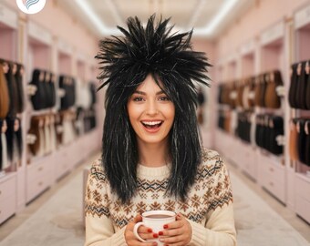 Rocking Disco Black & Silver Tinsel Wig – 70s 80s Punk Rock Layered Shaggy Party Wig