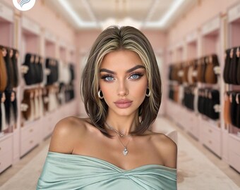 Puede incluir: Una mujer con ojos azules y un top verde claro con los hombros descubiertos. Tiene un peinado corto y en capas con reflejos rubios. Lleva pendientes de aro y un collar con un colgante de corazón. El fondo es un salón de peluquería.