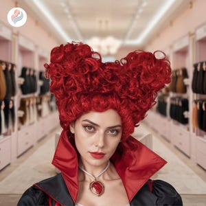 Pode incluir: Uma mulher com uma peruca vermelha vibrante em forma de coração, combinada com uma roupa preta e vermelha e um pingente vermelho. O fundo mostra uma loja de perucas, com expositores de extensões de cabelo, sugerindo um foco em penteados e acessórios.