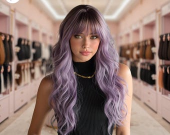Peluca ondulada morada degradada de 24 pulgadas con flequillo, peluca sintética larga con ondas corporales resistente al calor para mujer, ideal para fiestas y cosplay.