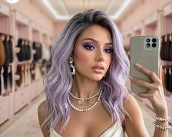 Parrucca bob ondulata color lavanda da 20 pollici per donna, lunghezza alle spalle, viola malva, sintetica resistente al calore, riga centrale