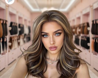 Puede incluir: Una mujer con cabello castaño ondulado y resaltado y ojos azules. Lleva un top sin tirantes verde lima y un collar plateado. El fondo presenta una habitación de tonos rosados con extensiones de cabello.
