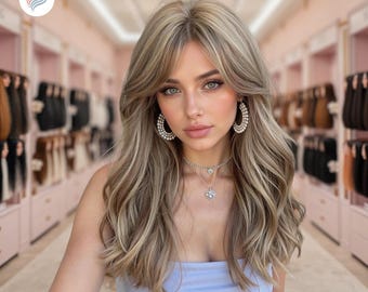 20 Inch Brown Highlight Long Wavy Synthetic Wig with Bangs – Heat Resistant Layered Wig for Women Daily Party Cosplay