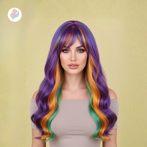 Peluca larga rizada con efecto degradado arcoíris y flequillo – Resistente al calor, ideal para festivales y cosplay