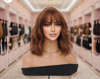 May include: A brown wig with a fringe and wavy layers is displayed on a mannequin head. The wig is styled with a side parting and has a natural-looking colour. The mannequin is wearing a black strapless top and a silver necklace.