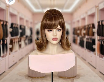 Peluca bob estilo colmena retro con flequillo, sintética, ondulada, corta, rubia y castaña, de los años 60 y 70, para mujer, ideal para fiestas de cosplay vintage.