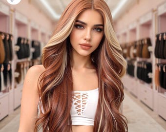 Puede incluir: Una mujer con el pelo largo y ondulado con reflejos rubios y una base marrón rojiza. Lleva un top blanco corto con un diseño de cruz.