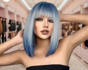 Peluca bob blanca de 12 pulgadas con raíces degradadas azules, peluca corta lisa con flequillo, peluca sintética resistente al calor para cosplay y fiestas.