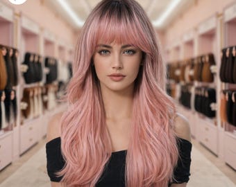 Puede incluir: Una mujer con cabello largo y ondulado de color rosa y raíces oscuras. El cabello tiene un flequillo romo y está peinado con ondas suaves. Lleva un top negro con los hombros descubiertos. El fondo es una tienda de color rosa con extensiones de cabello.