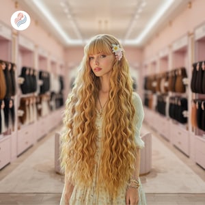 Könnte beinhalten: Eine Frau mit langem, welligem, blondem Haar und Pony, geschmückt mit einem Blumen-Haarschmuck. Sie trägt ein helles Kleid und Schmuck. Der Hintergrund zeigt einen Friseursalon mit verschiedenen Haarverlängerungen.