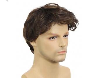 Men’s Short Brown Wig with Bangs – 8 Inch Synthetic Heat-Resistant Cosplay Wig, Natural Look for Daily Wear & Costume Use