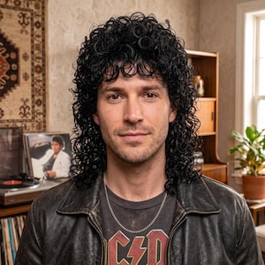 May include: A person with shoulder-length, dark black curly hair styled in a layered cut. The person wears a dark gray graphic t-shirt with red lettering, a thin silver chain necklace, and a distressed black leather jacket with a wide collar.