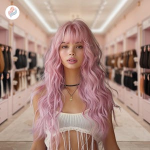 女性用 ピンク カーリー ウェーブ ロングウィッグ 前髪付き 26インチ 人工毛 耐熱 ローズメッシュキャップ 普段使い・コスプレ用