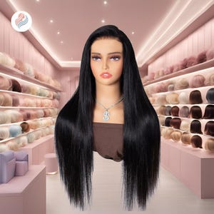 May include: A long, straight black wig with a lace front. The wig is on a mannequin head and is displayed in a store with shelves of other wigs.
