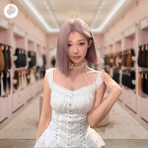 May include: A person with lavender-colored hair and a white dress with a corset-style bodice. The dress has a ruffled skirt and lace detailing. The person is wearing a white choker necklace. The background is a store with shelves of hair extensions.