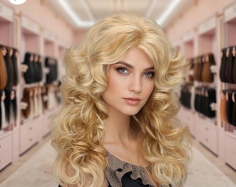 18-Zoll-goldene lockige Wellenperücke mit Pony, synthetische hitzebeständige Körperwelle mit hoher Dichte für die tägliche Party der Frauen