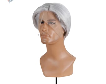 Men’s Short Gray Lace Front Wig – Realistic 13x4 Synthetic Curly Wig, Silver Matte Hairpiece for Daily Wear & Cosplay