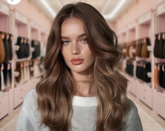Puede incluir: Una mujer con el pelo largo, ondulado y castaño claro lleva un jersey blanco y un collar de cadena dorada. Está de pie en una tienda con estantes de extensiones de pelo en el fondo.