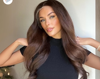 22" Brown Wavy Human Hair Wig: HD Lace, Glueless European Wig