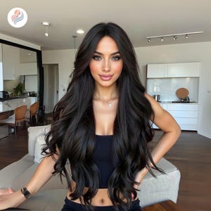 May include: A woman with long, dark brown wavy hair. She is wearing a black crop top and a silver necklace. The background shows a modern living space with a sofa and kitchen.