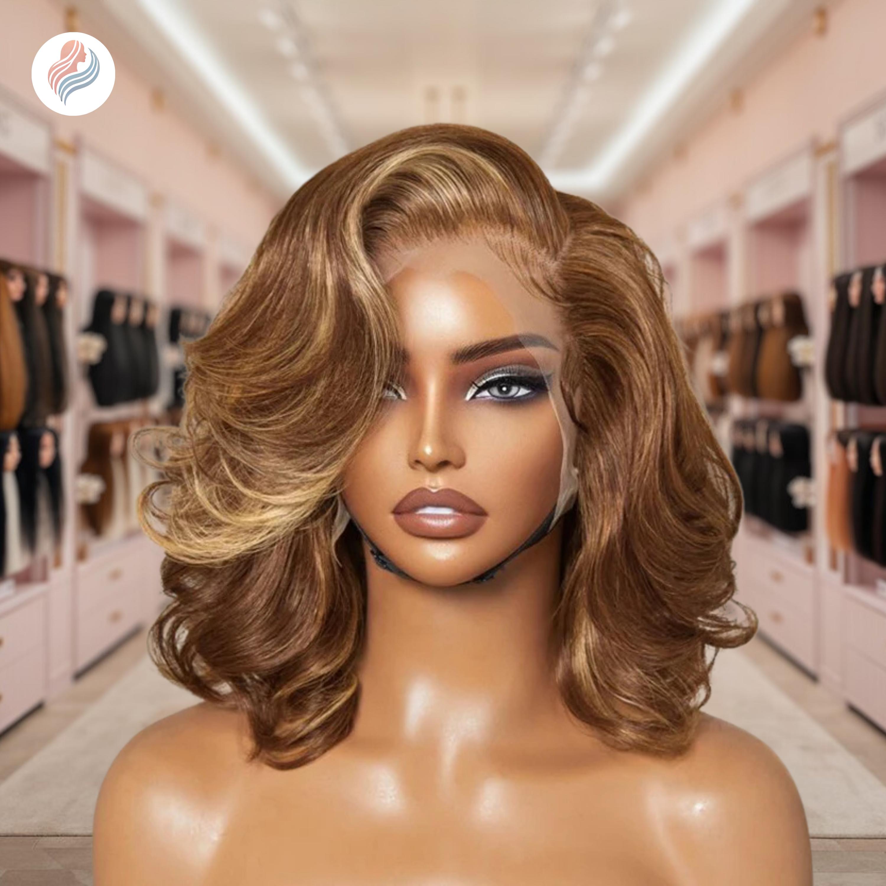 100% jungfräuliches menschliches schwarzes Haar, honigblonde Highlight-Körperwelle 13x4 Lace Front Perücke | Kleberlos, vorgezupft und natürlicher Look, europäische Haarperücke