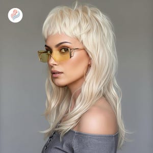 Puede incluir: Una persona con cabello largo y ondulado, rubio claro y gafas de sol con tinte amarillo y montura dorada. Lleva un top gris con hombros descubiertos y pendientes de aro dorados. El fondo es gris liso.