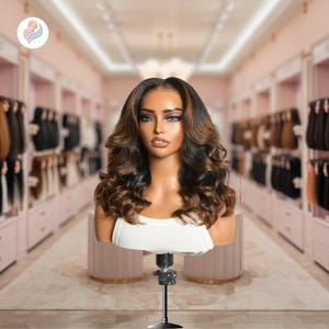 Peut inclure: Une tête de mannequin présentant une perruque brune et noire avec de grandes boucles ondulées. La perruque a une ligne de cheveux naturelle et est coiffée en couches. Le mannequin porte un débardeur blanc et est monté sur un support noir.