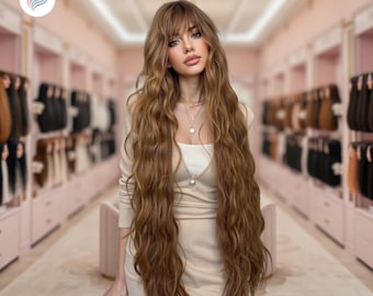 45-Inch Mocha Brown Loose Wave Wig with Bangs: Heat-Resistant Synthetic Hair