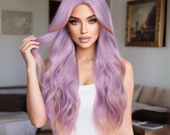 Peluca ondulada de 86 cm en color lila y morado: pelo sintético resistente al calor