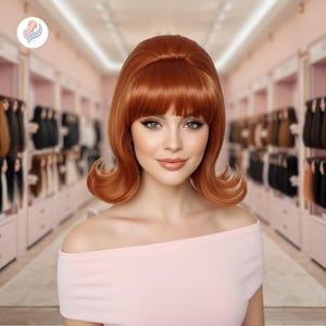 May include: A ginger-colored wig with a bouffant style and blunt bangs. The wig features a retro, voluminous design with curled side pieces. The woman in the image is wearing a light pink off-the-shoulder top.
