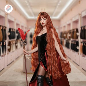 May include: A woman with long, wavy auburn hair and bangs, wearing a black velvet dress with a red lining and a high slit. She holds a decorative staff with a red feather and heart-shaped accents. The background shows a hair extension display.
