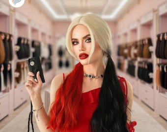 May include: A woman with blonde and black pigtails, red lipstick, and a red dress holds a black device. The hair is styled in a half-and-half color scheme, with one side red and the other black. She wears a silver choker.