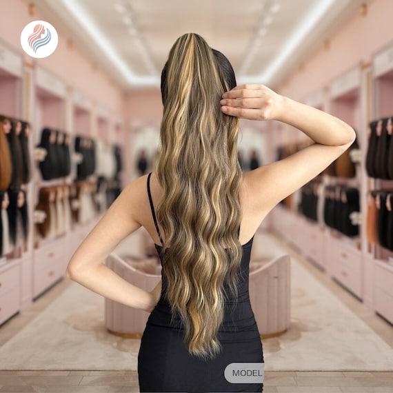 Long Curly Wavy Ponytail Extensions Synthetic Fiber 26 Inch Brown Highlighted Amazon.com : Violet Ash Brown with Highlight Ponytail  main image 3