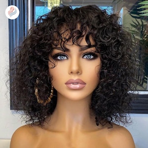 Glueless Water Wave Human Hair Wig: Short Curly Wig with Bangs